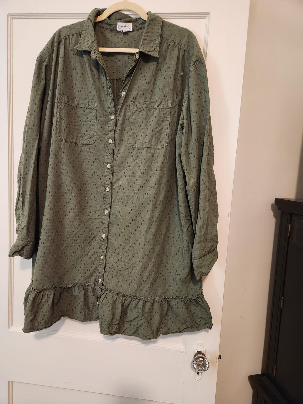 Wonderly XL Olive Green 100% Cotton Dobby Ruffle Hem Shirt Dress